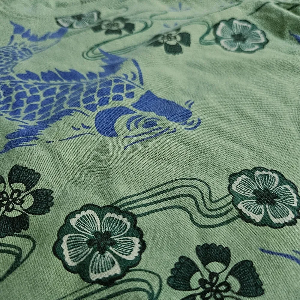 Tea Collection Sage Green Koi Fish Long Sleeve Graphic Tee 100% Cotton Size 3